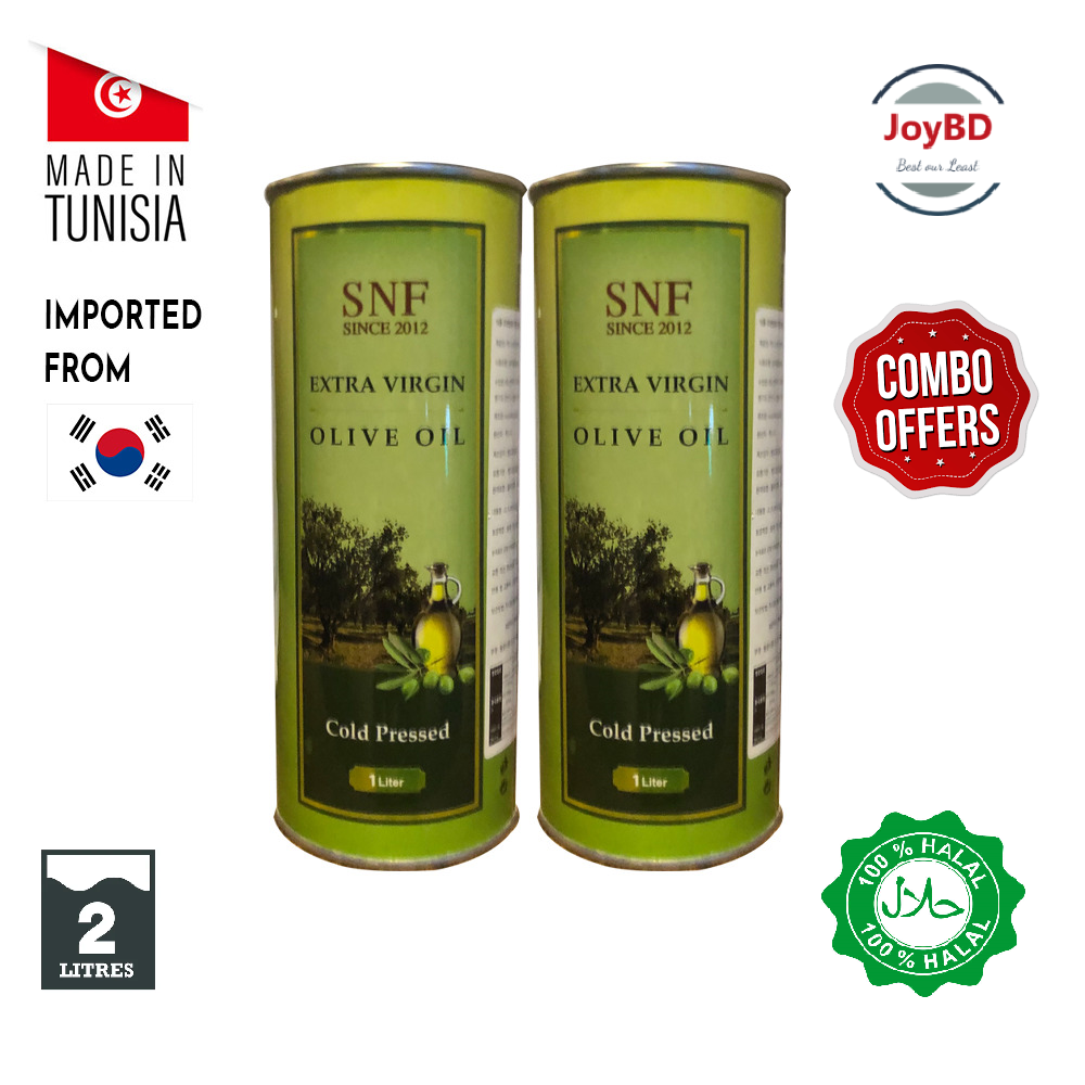 Economy Combo Pack  2 Snf Organic Tunisian Cold Pressed Extra Virgin Olive Oil Imported From South Korea 2 Liter 1L + 1L Tin