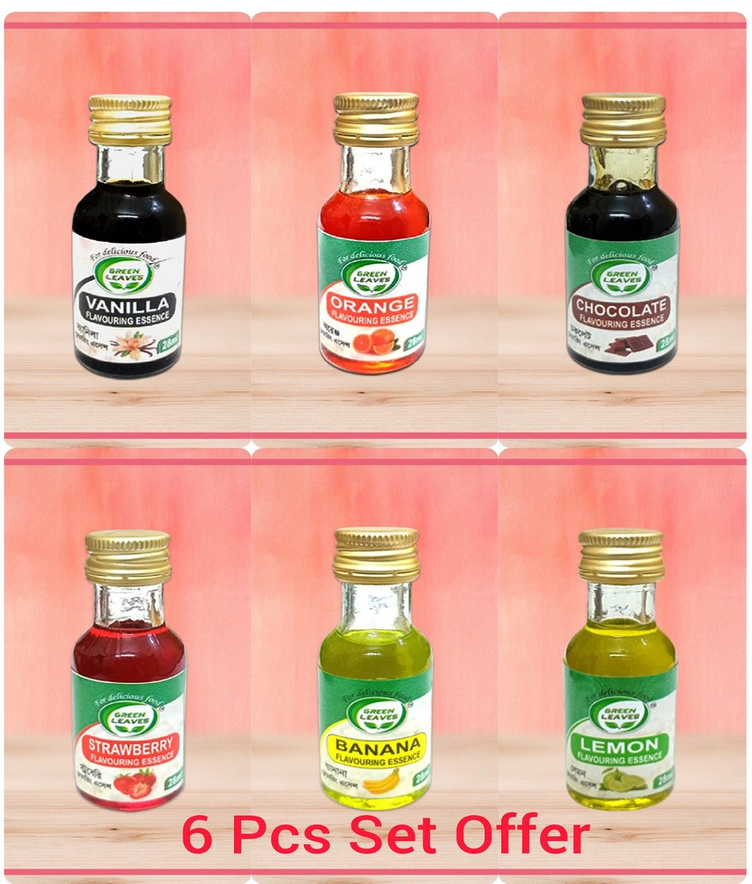 Green Leaves Flavouring Essence 28ml, 06 Pcs (Vanilla+Orange+Chocolate+Strawberry+Banana+Lemon)
