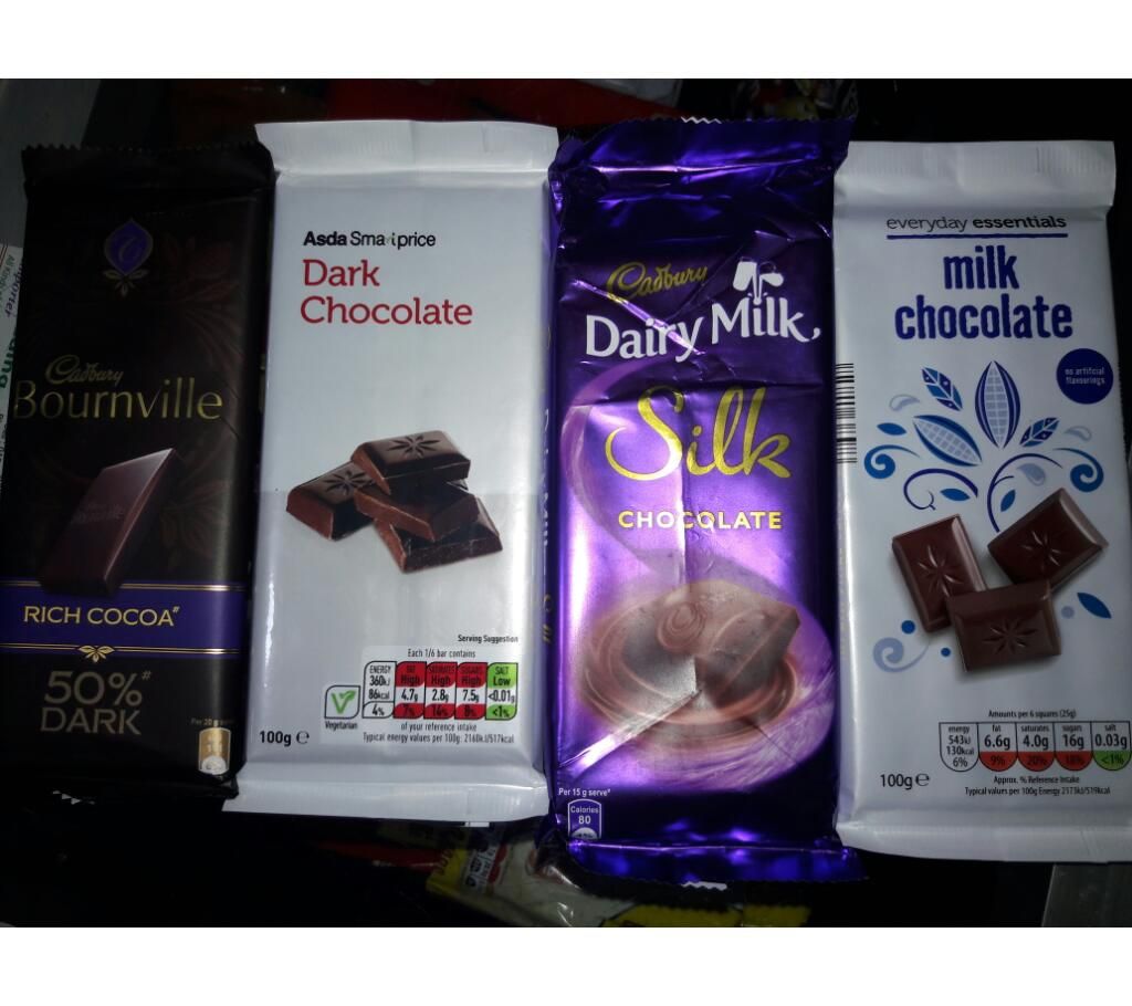 Asda dark chocolate,Milk chocolate,Cadbury Bournville,Cadbury Silk