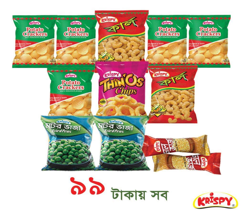 2 packets Krispy Curl+ 1 Packet Thinos+ 5 Packets Potato Crackers+ 2 Packets Fried Peas+ 2 Packets Mung Dal