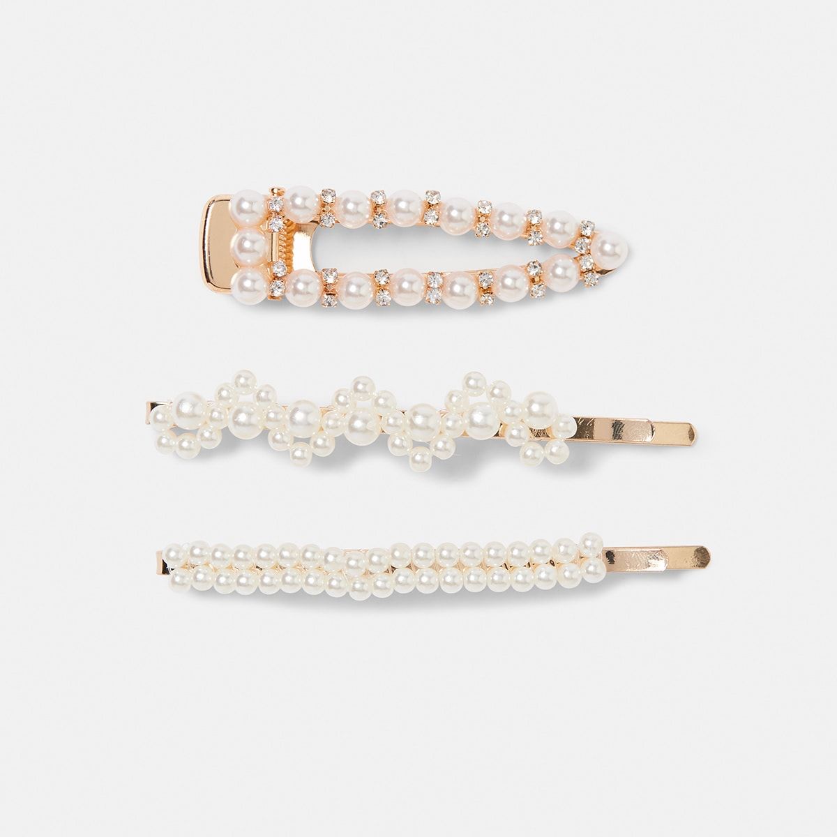 3 Pack Faux Pearl Hair Clips - Gold Look