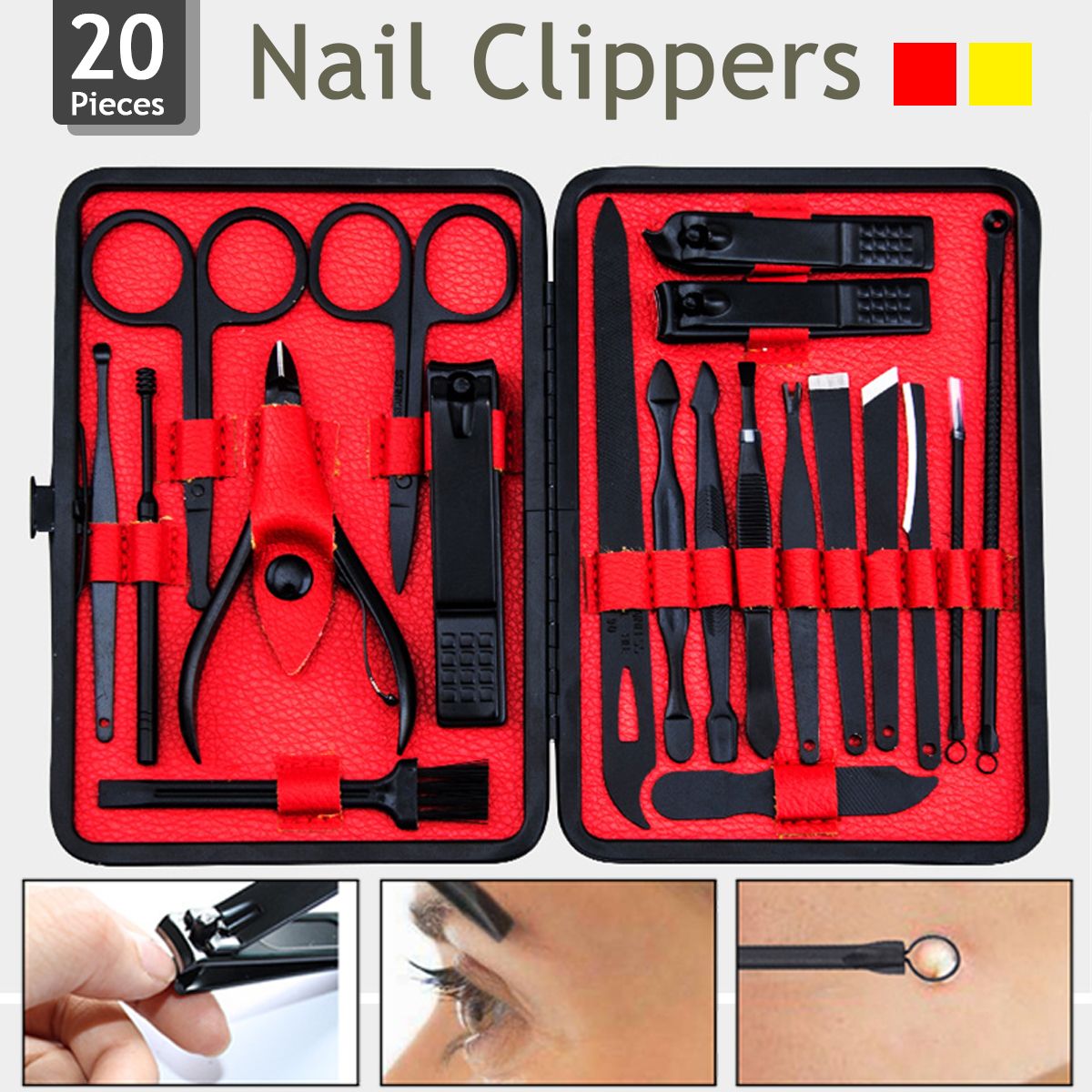 20pcs/set Leather Case Stainless Steel Nail Clipper Cutter Trimmer Ear Pick Grooming Kit Manicure Pedicure Scissor Tweezer Nail Tools Set -