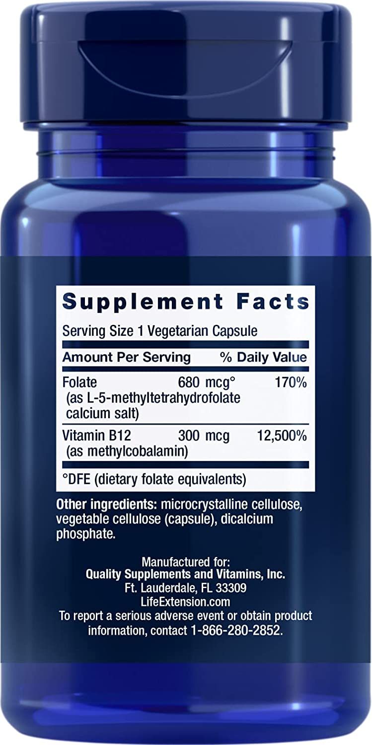 Life Extension BioActive Folate & Vitamin B12, Promotes Heart, & GI Tract Health, Gluten-Free, Non GMO, Vegetarian 90 Capsules, USA