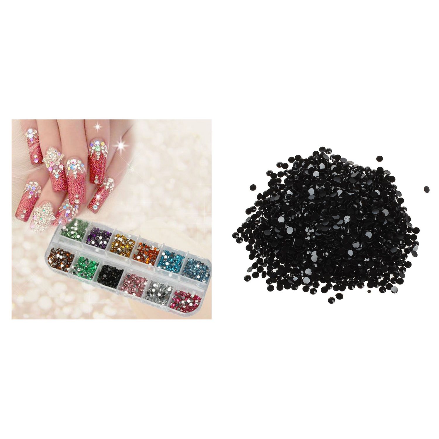 1200Pcs  Nail Art Rhinestones Glitters Acrylic Tips & 2000Pcs Crystal Flatback Acrylic Rhinestones Beads Nail Art