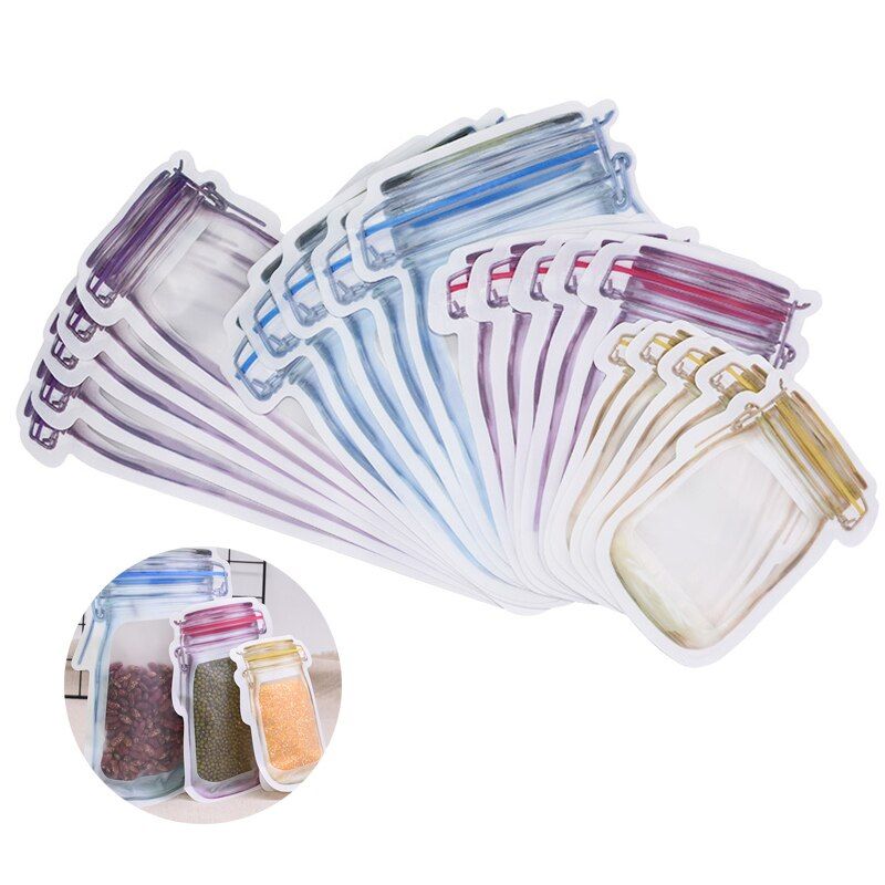 20pcs PE Mason Jar Bottle Shape Zipper Bags Reusable Nuts Snack Seal Bag Candy Cookies Storage Home Kitchen Food Packing Supplie