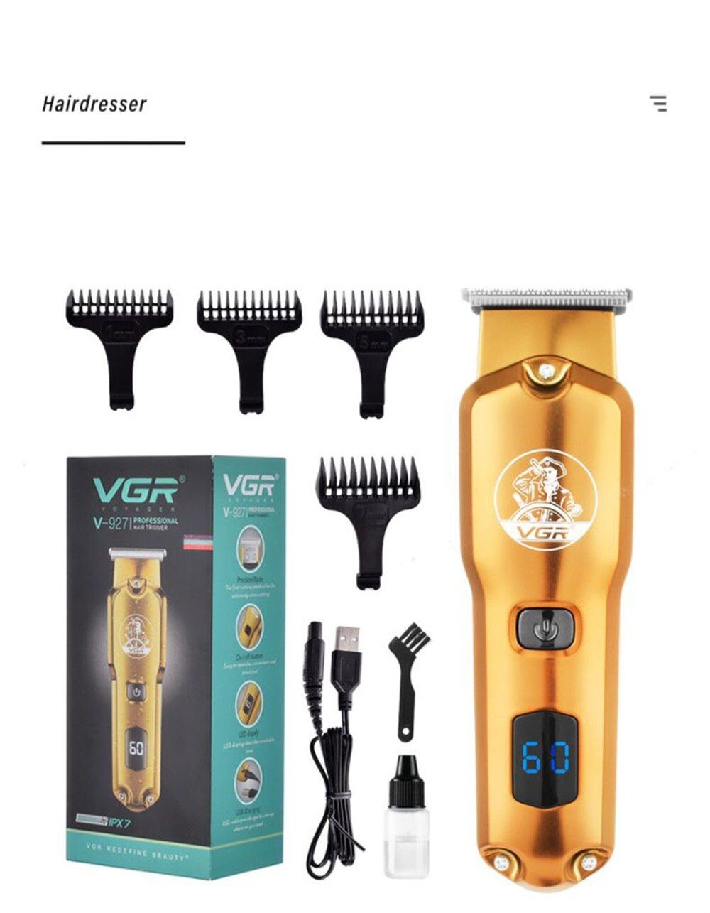 VGR V-927 LCD LED Display Electric Hair Clipper Full Metal Body Full Body Water Shampoo Hair Salon Clipper V-927