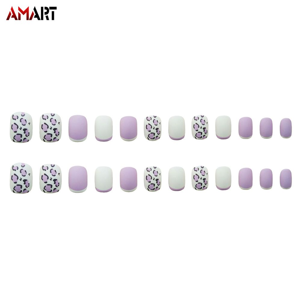 24PCS Short Press on Nails Cute Purple Leopard Design Full Coverage Nails