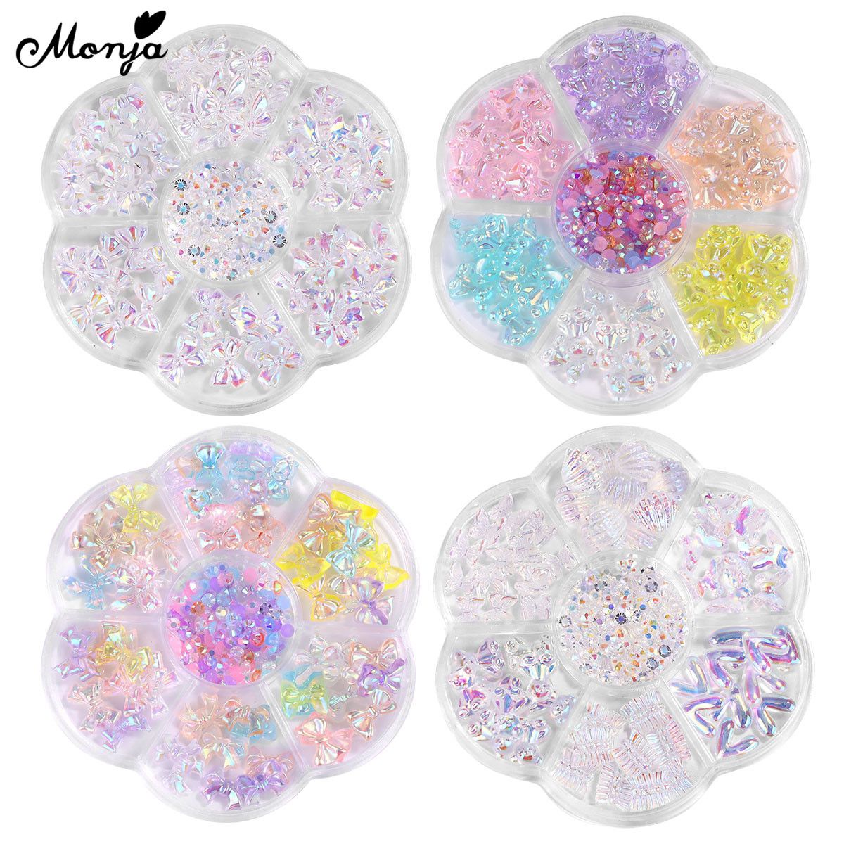 Monja 7Grids/Box Nail Art 3D Bear Bowknot Decorations Aurora Holographic Crystal Acrylic UV Gel DIY Manicure Accessories