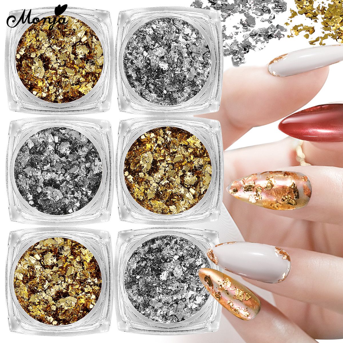 Monja 6boxes/set Nail Art Glitter Sequins Gold Silver Irregular Aluminum Foil Flakes Holographic DIY Manicure Decorations