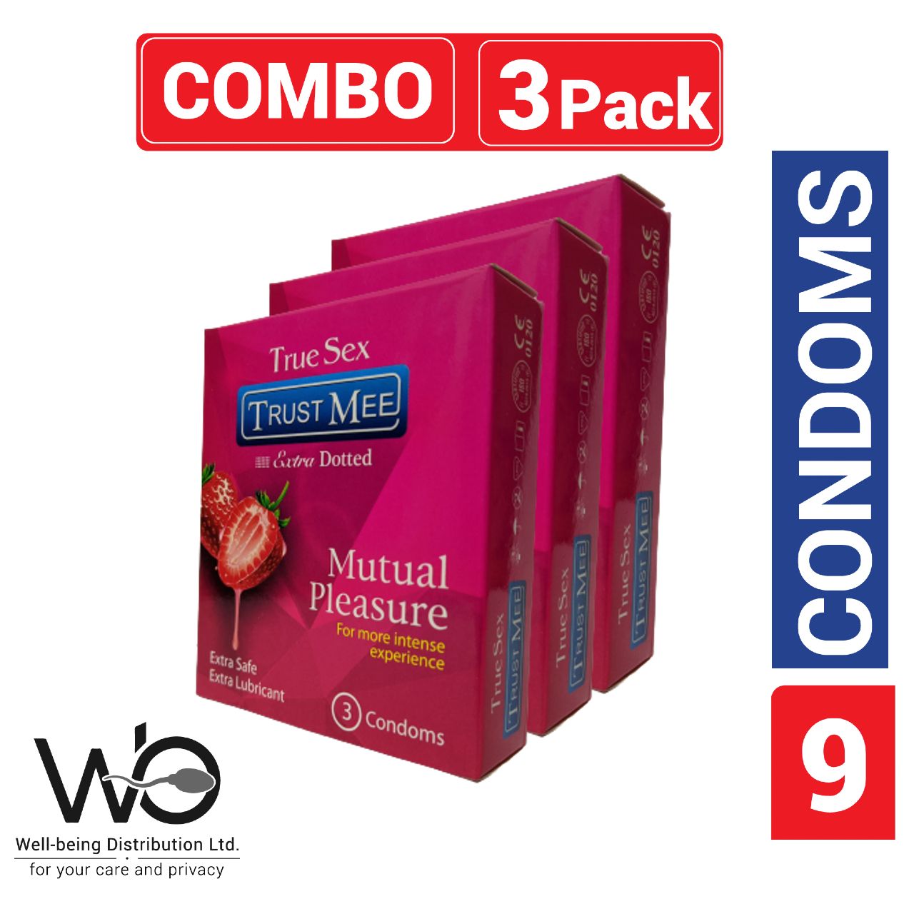 Trust Mee - Strawberry Flavor Condoms For Mutual Pleasure - Combo Pack - 3 Packs - 3x3=9pcs