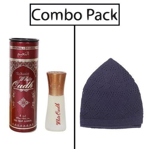 Combo of Men's Nevy Blue Tupi and Al-Nuaim White Oudh Attar