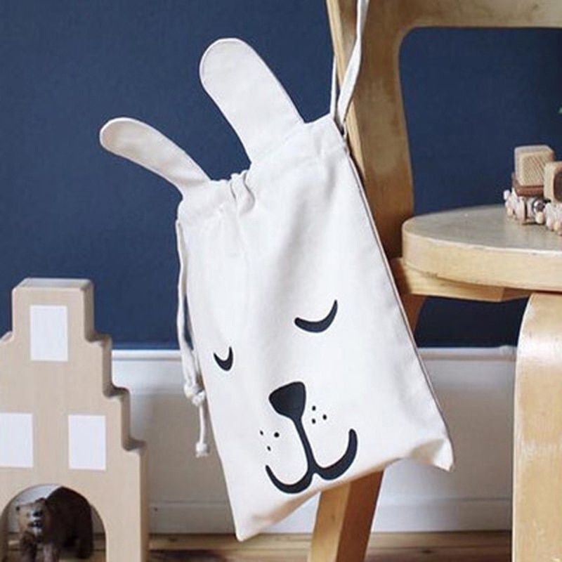 Cartoon Canvas Storage Bags Rabbit Ears Drawstring Backpack Children Room Organizer For Toy And Baby Clothes Hanging Laundry Bag