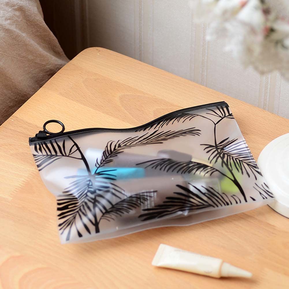 Lady Fashion Palm Leaf Printed Clear Waterproof PVC Wristlet Cosmetic Makeup Bag