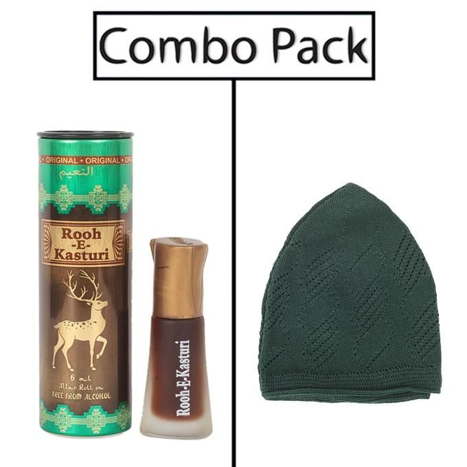 Combo of Al- Nuaim Rooh -E- Kasturi Attar and Dark Green Tupi