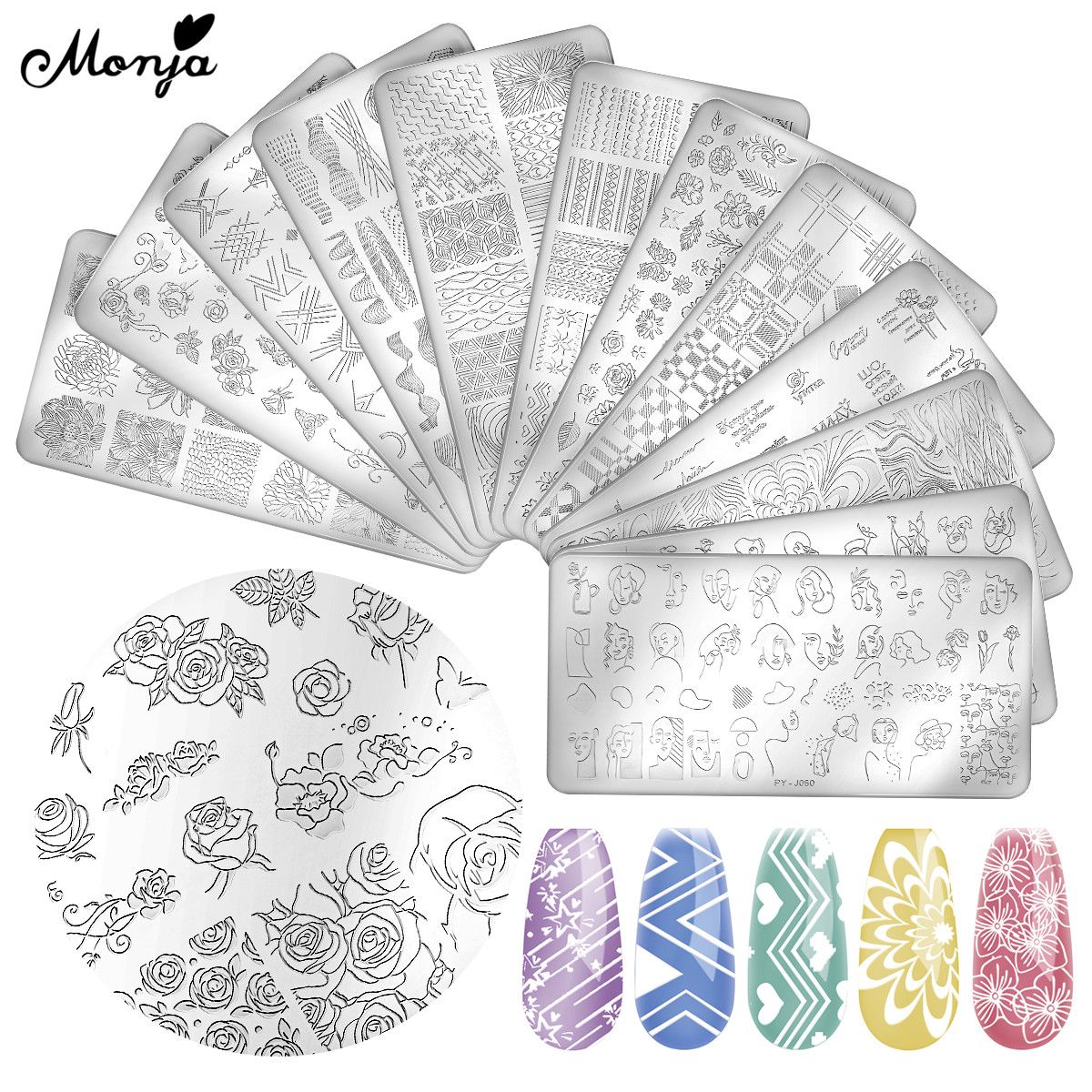 Monja 12 Styles Nail Art Templates Stamping Plate Flower Stripe Lady Face Letter Geometry Pattern Printing Stencil Manicure Tool