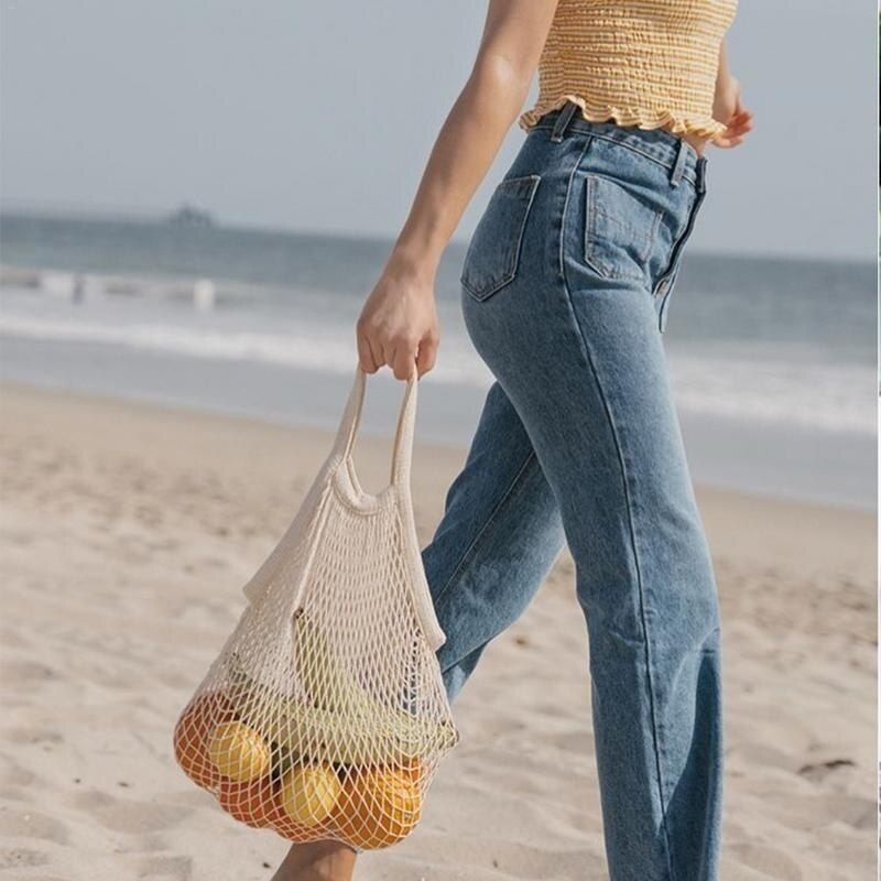 Food Fruit Storage Beach Bags Pierced Woven Mesh Tote Supermarket Shopper Bag Hollow Grid Portable Shopping Bag Totes Handbags