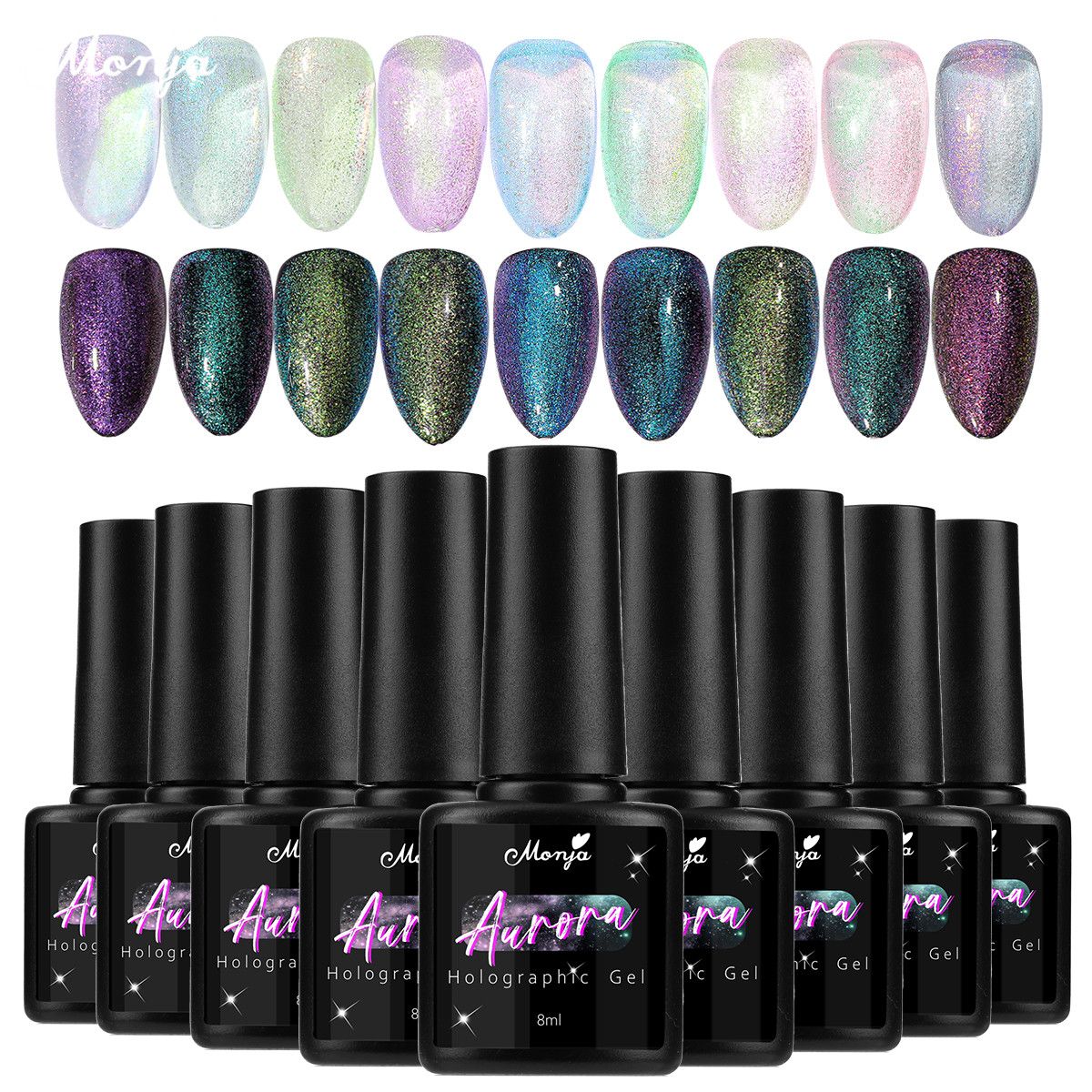Monja 8ML Aurora Mermaid Nail Polish 9 Colors Glitter Powder Nail Lacquer UV LED Soak Off Varnish DIY Manicure Tool