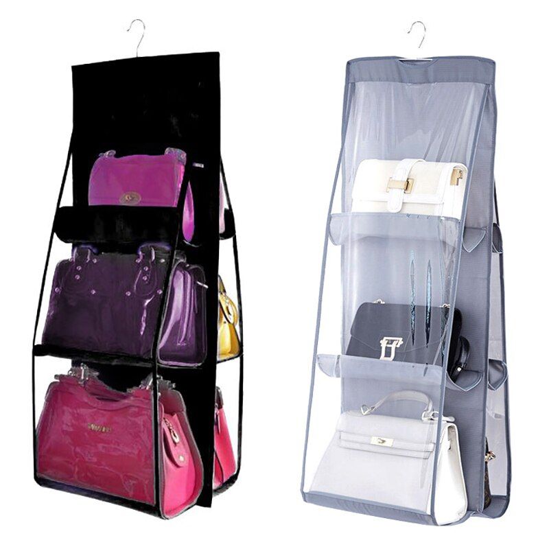 6 Pocket Hanging Handbag Organizer Transparent Storage Bag for Wardrobe Closet Door Wall Foldable Sundries Shoe Bag with Hanger
