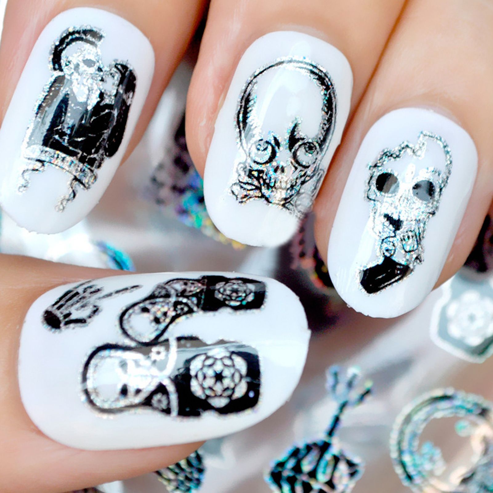 10Pcs/Set Skull Patterns Nail Transfer Horror Style Ultra Thin Black Skull Design Paper Wraps Manicure Decoration for Halloween