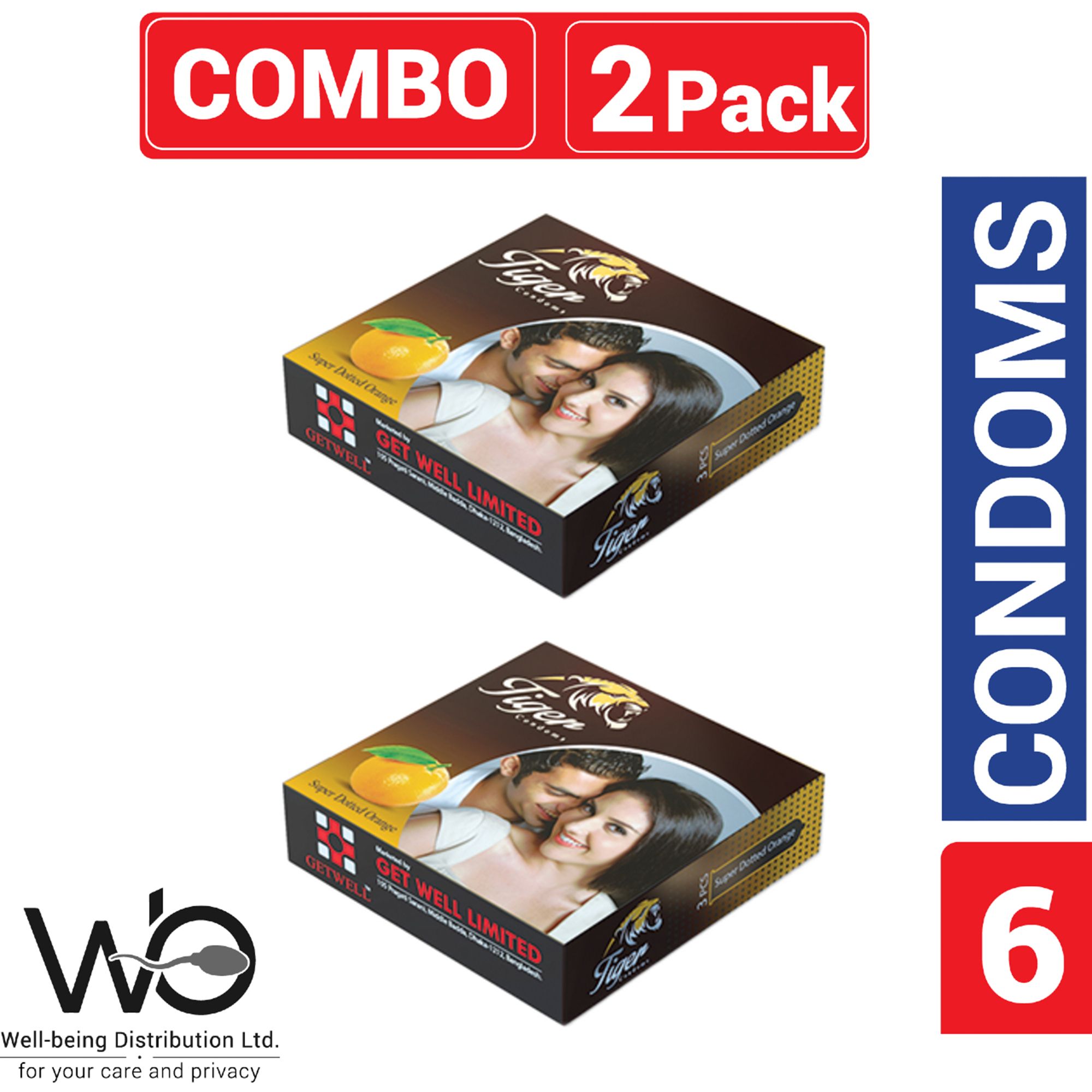 Tiger - Dotted Condoms Orange Flavour - Combo Pack - 2 Packs - 3x2=6pcs
