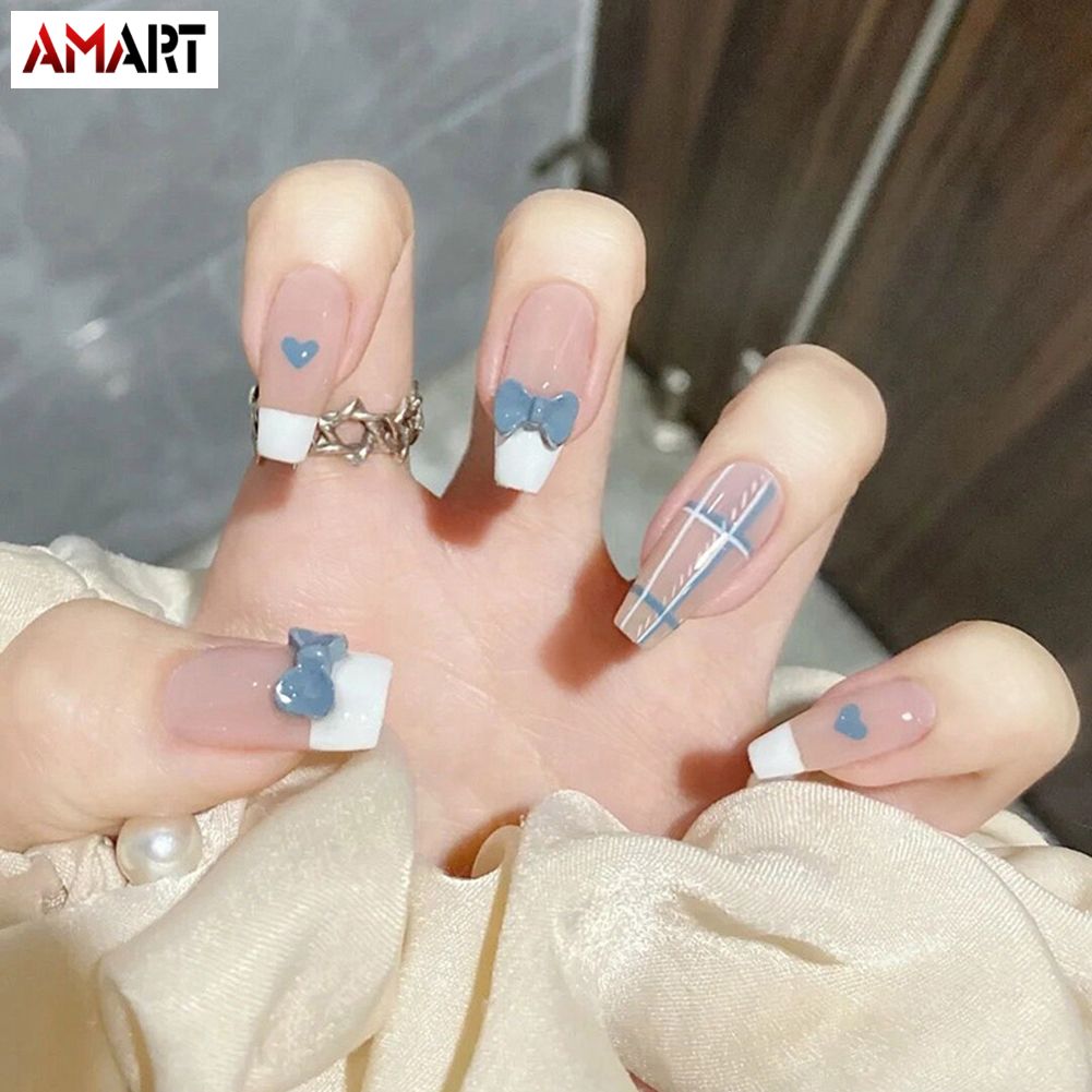 24PCS Long Press on Nails Heart Bow Decor Full Coverage Artificial Nails