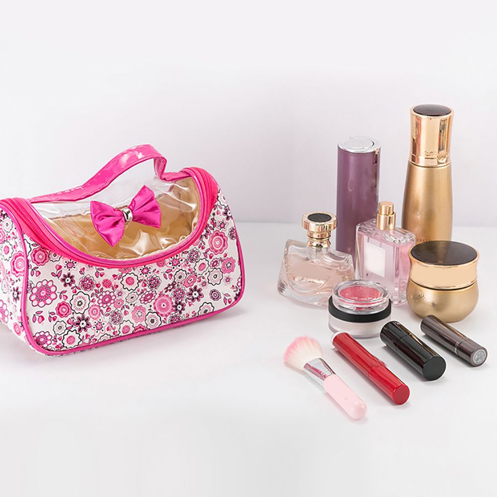 Large Capacity Floral Print Bow Zipper Cosmetic Wash Bag Makeup Storage Pouch