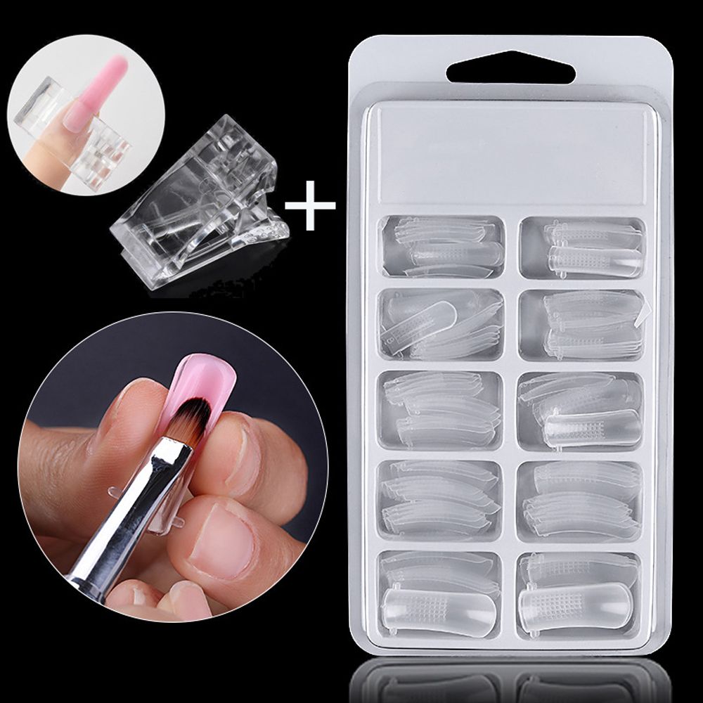 NYT Nail Extension Set 100Pcs Crystal Fa-Ke Nails 10Pcs Extension Clips Dual-Ended Polygel Nail Brush Manicure Tools