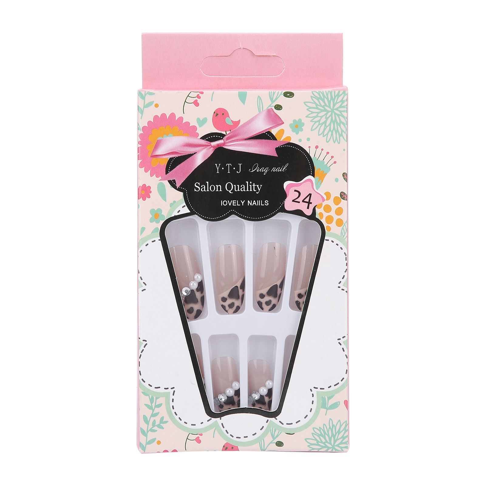 24pcs Leopard Print Faux Pearl False Nails Girls Full Cover Fake Nail Tip