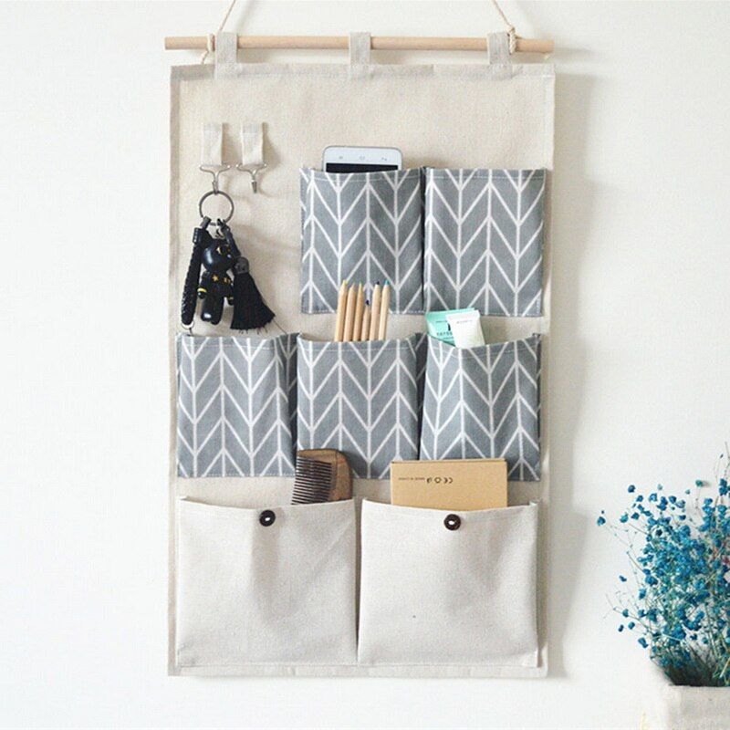 Junejour 7 Pockets Wall Hanging Storage Bags Cotton Linen Door Organizer Waterproof Pouch Bedroom Home Office Container
