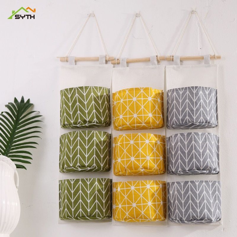 3 Pockets Wall Door Hanging Organizer Storage Bag Cotton Linen Bedroom Home Decor Closet Hang Sundries Coetics Toy Organizers