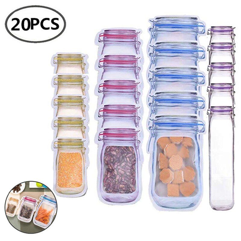 100/60/20pcs Kitchen Fresh Food Storage Bag Refrigerator Reusable Mason Jar Zipper Bags Set Portable Nuts Candy Bag Snacks Seale