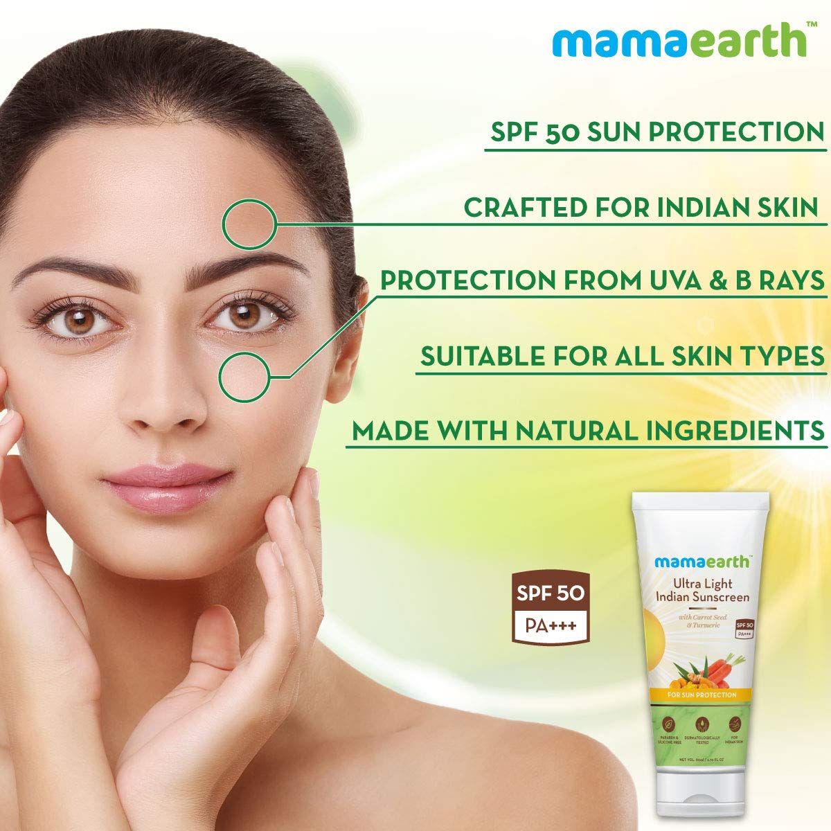 Mamaearth Ultra Light Indian Sunscreen SPF50 PA+++, 80ml