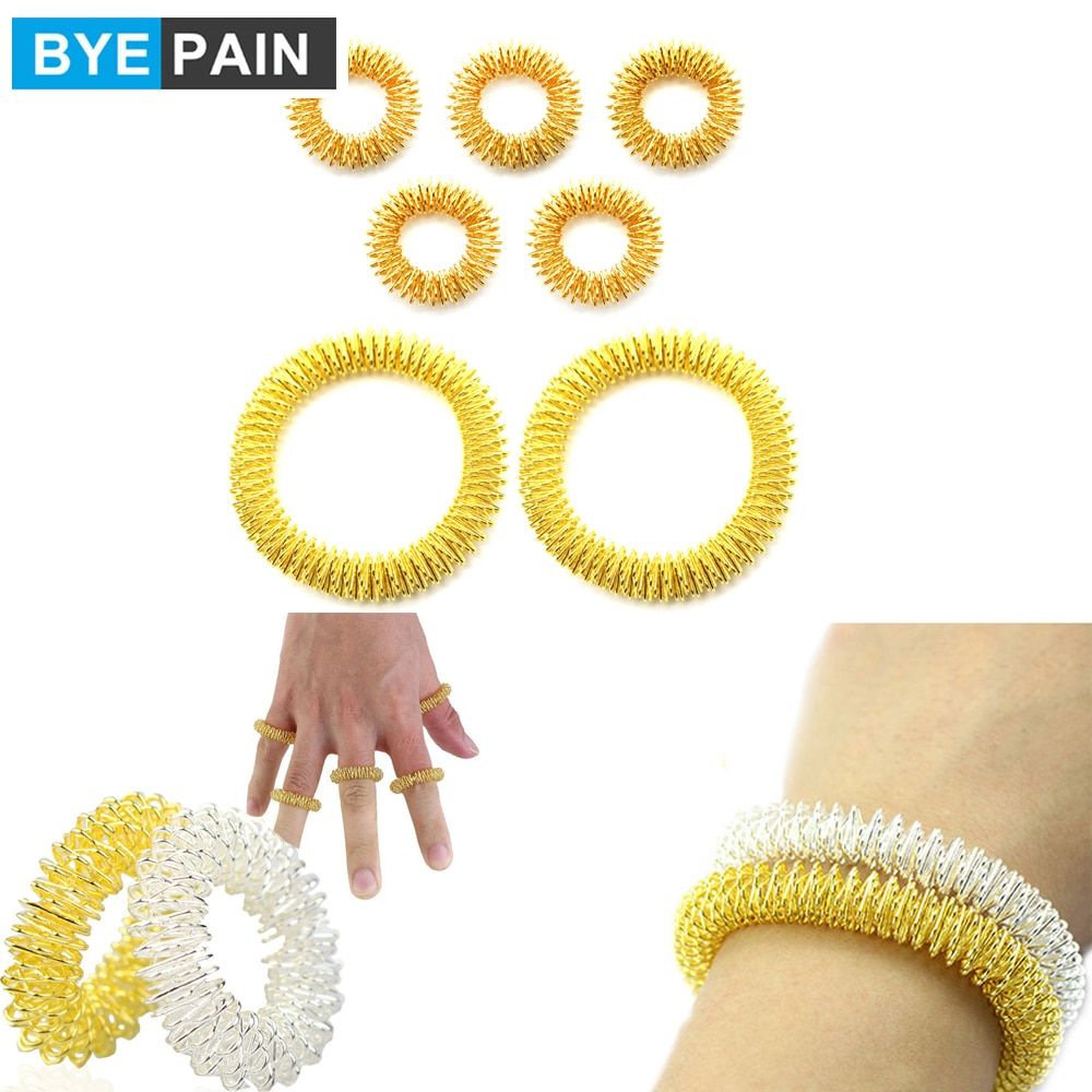 5Pcs Acupressure Massage Rings + 2Pcs Wrist Massage Rings, Chinese Medicine Pain Therapy Finger Circulation Massage Ring-Silver