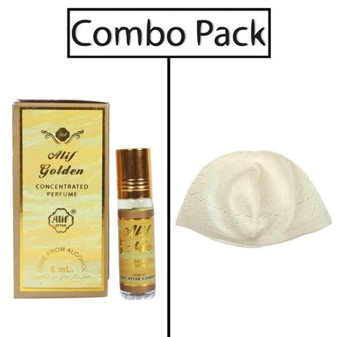 Combo of Mens White Tupi and Alif Golden Attar - 6ml