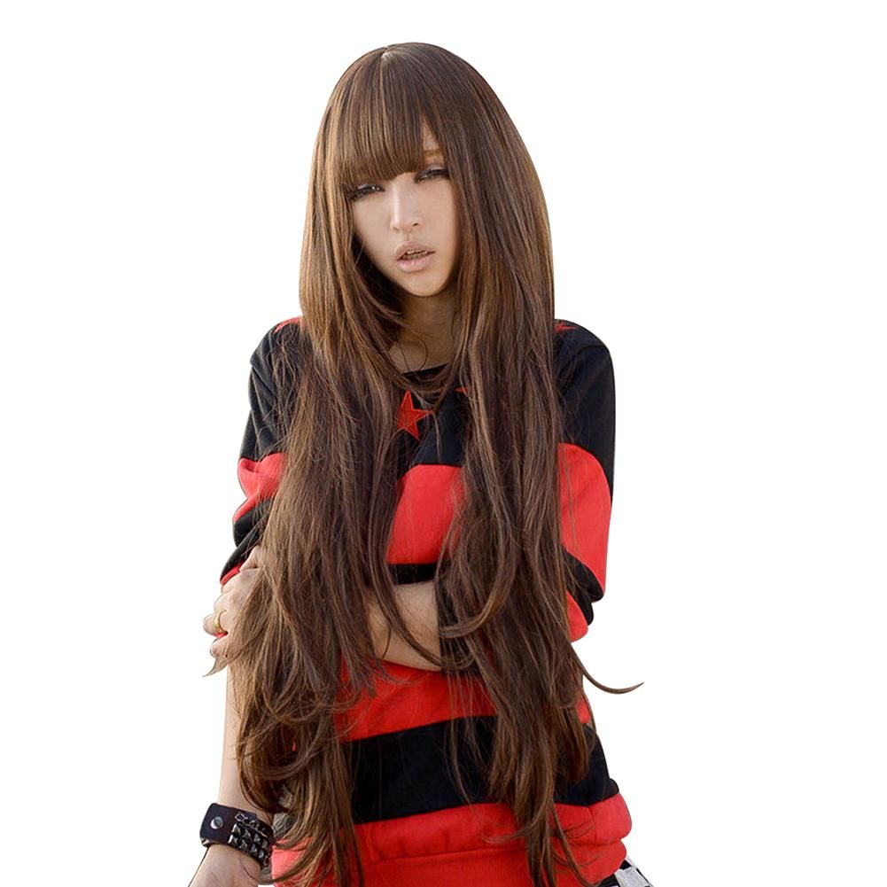 Women 80cm Long Curly Wavy Style Cosplay Full Hair Wig with Neat Bangs