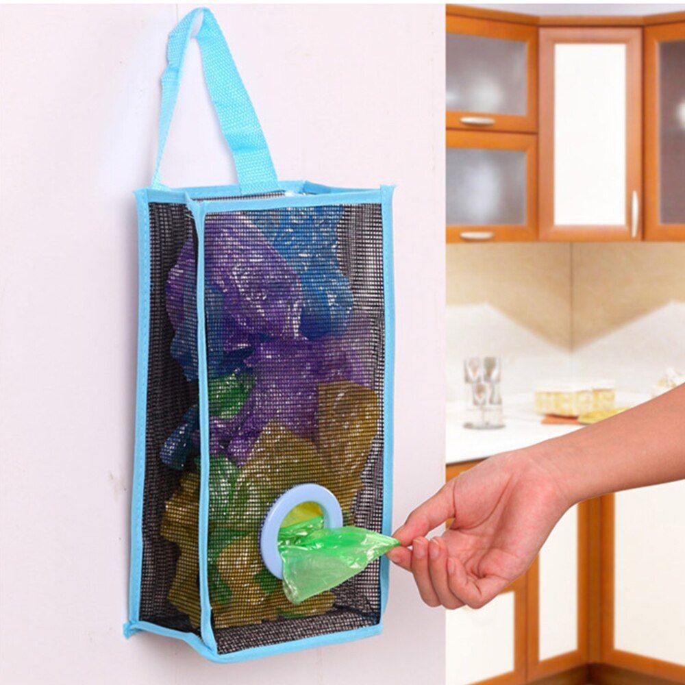Hanging Mesh Garbage Bag Storage Organizer Dispenser Kitchen Wall Mounted Reusable Grocery Bags Holder Kitchen Accessories