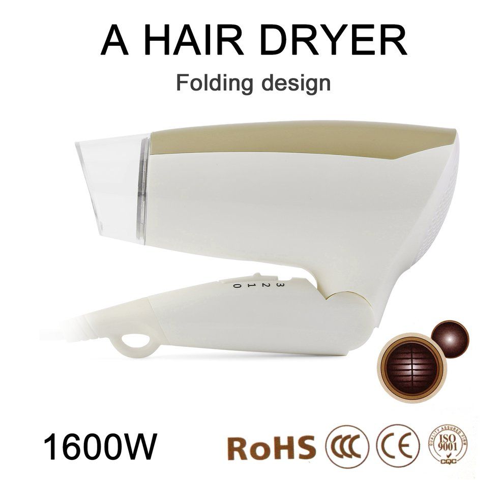 Foldable Hair Dryer 1600W Household Hotel High-power Electric Blower EU Plug-gold & white