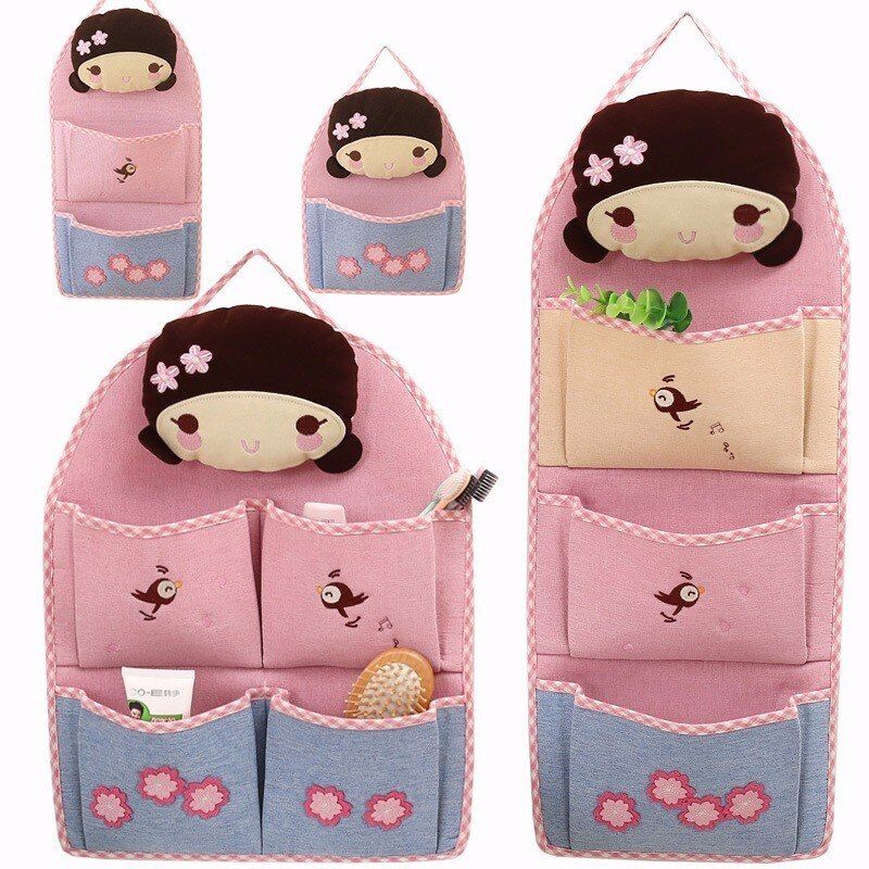 LDAJMW Linen Cartoon Little Girl 1-4 Pockets Folding Wardrobe Hang Closet Bag Wall Travel Organizer Pockets Home Storage Bag