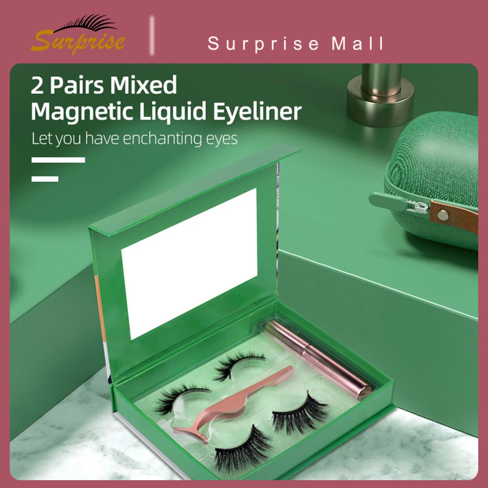 2 Pairs-Magnetic False Eyelashes Sets with Eyelash Tweezer Magnetic liquid pen5 Magnets Synthetic Fiber Eye Makeup Tool False eyelashes-CX