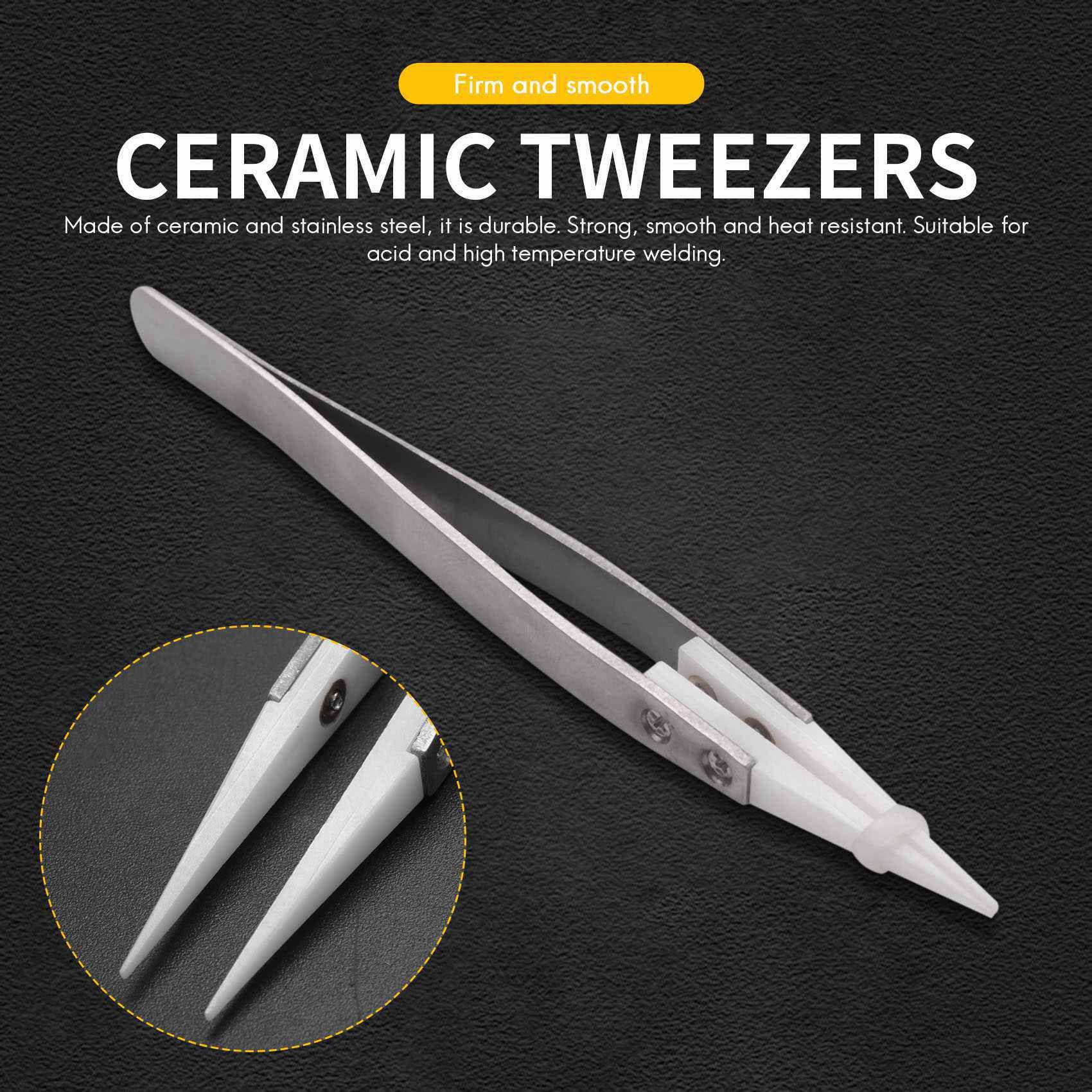 2X Ceramic Tweezers with Stainless Steel Handle Refractory Acid-Resistant Pointed Tweezers