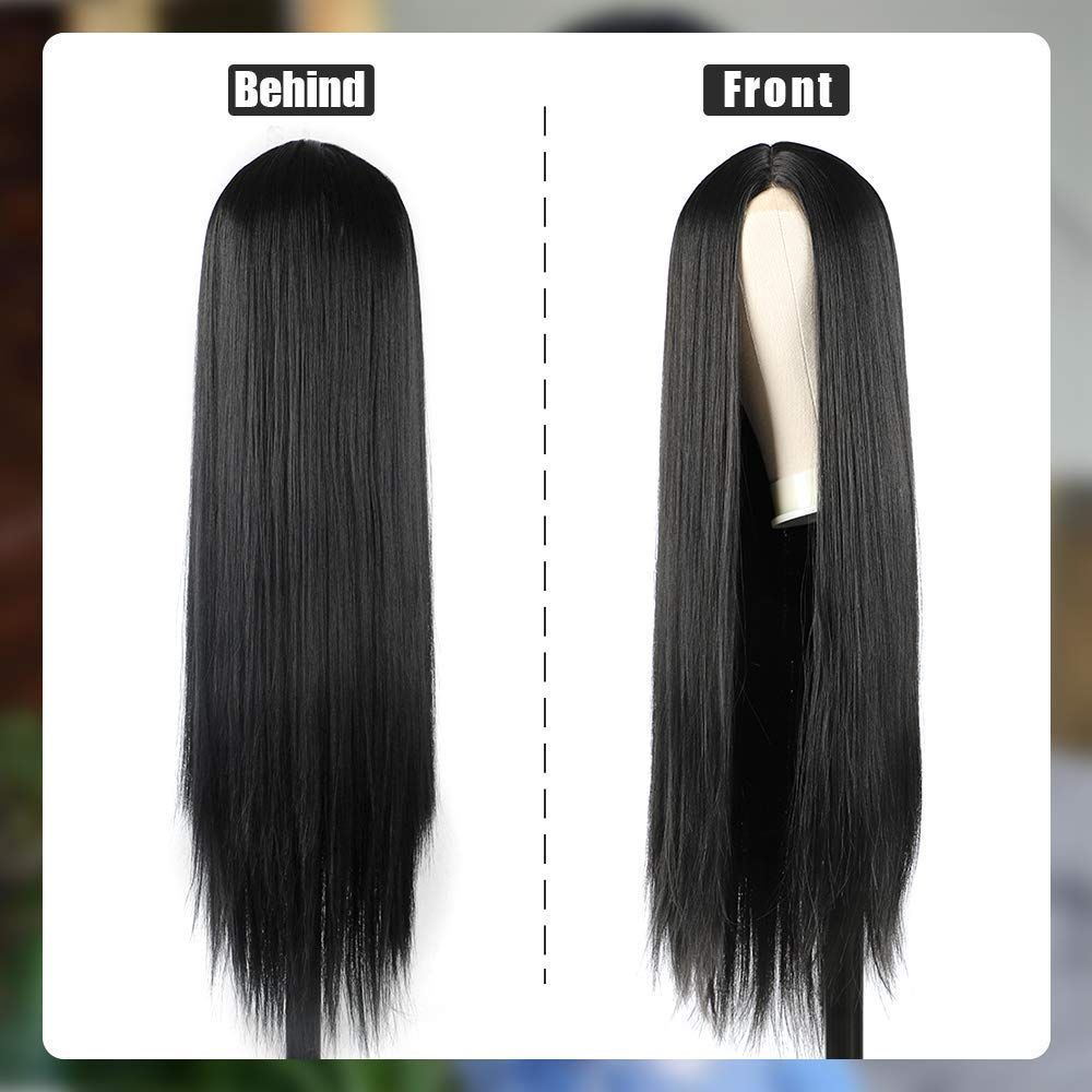 Women's Wig Long Straight Middle Part Black Synthetic Hair Wigs with  Gorgeous Looking Bangs Heat Resistant Soft Fiber Hair Replacement Wig for Women Daily Use