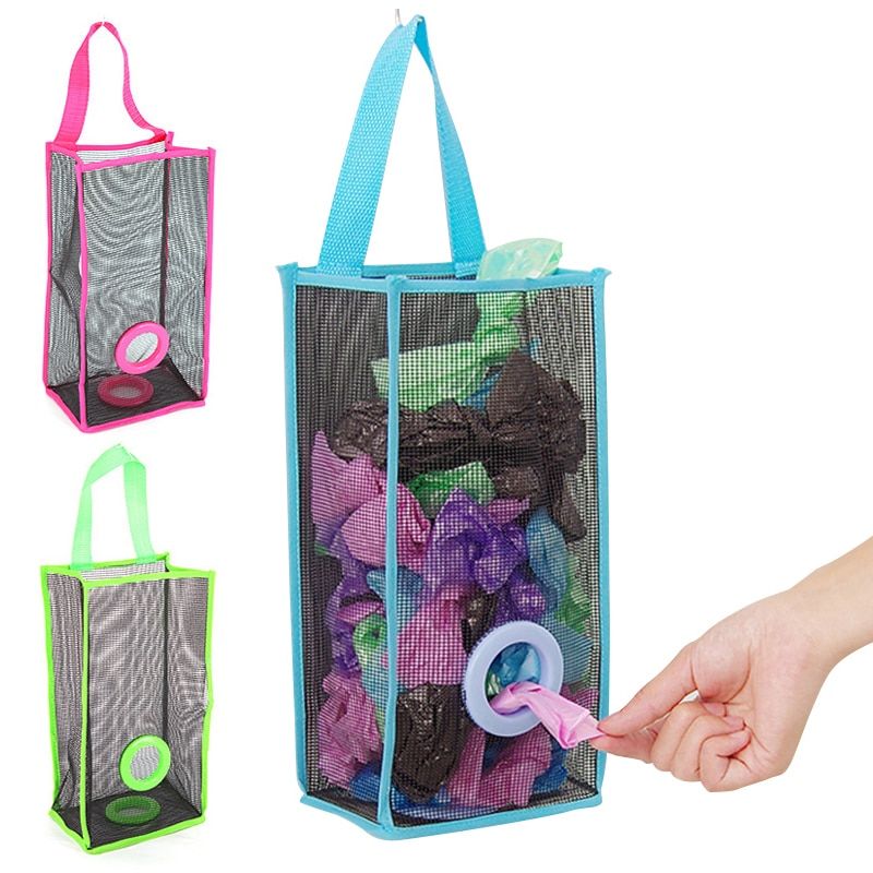 Hanging Mesh Garbage Bag Organizer Dispenser Kitchen Wall Mount Reusable Grocery Bags Holder Net Trash Bag Storage