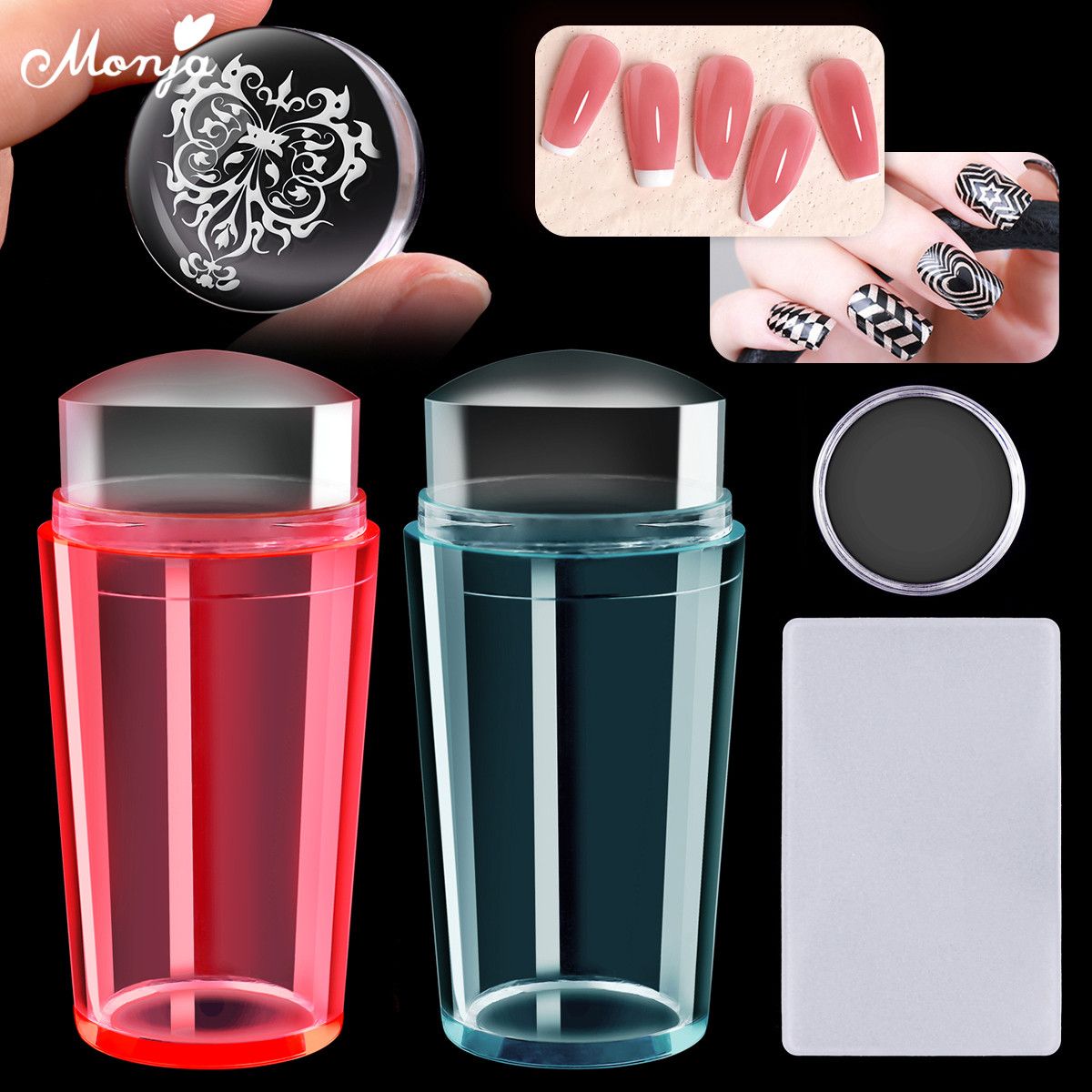 Monja  2pcs/set Silicone Plastic Nail UV Gel Stamping Templates Pattern Nail Art Stamp Plate   Transfer Tool Manicure Kit