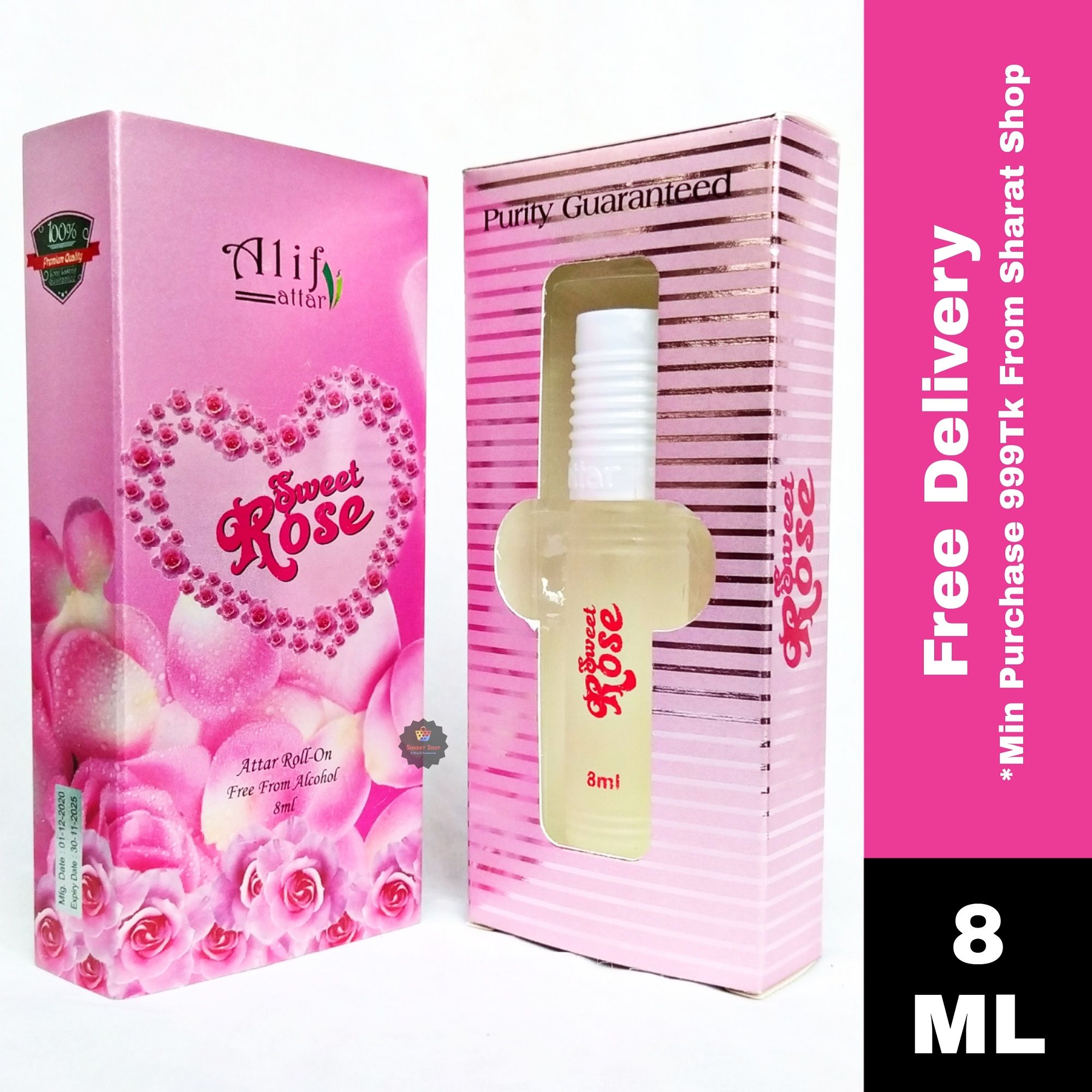 Alif Sweet Rose Attar Long Lasting Roll On Ator Non Alcoholic Perfume (Halal) - 8ml