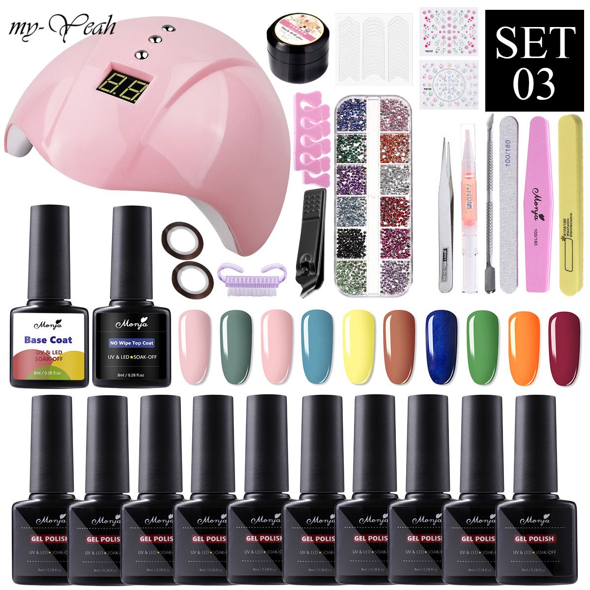 Monja 10pcs Nail Polish Set 36W UV LED Lamp 8ml Base Top Coat Nail Varnish Rhinestones Sticker Decoration Manicure Kit