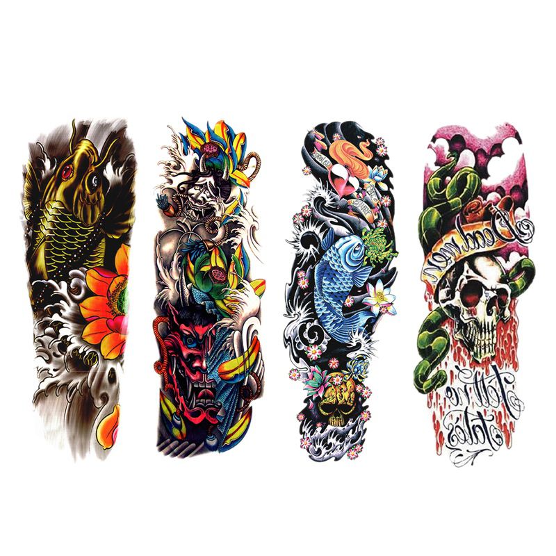 4Pcs/Lot Waterproof Temporary Tattoos Fish Skull Color Full Arm Mechanical Pattern Tattoos Applique Arm Full Arm Tattoos Sticker 48x17Cm (1720#) Applicable To Male And Female