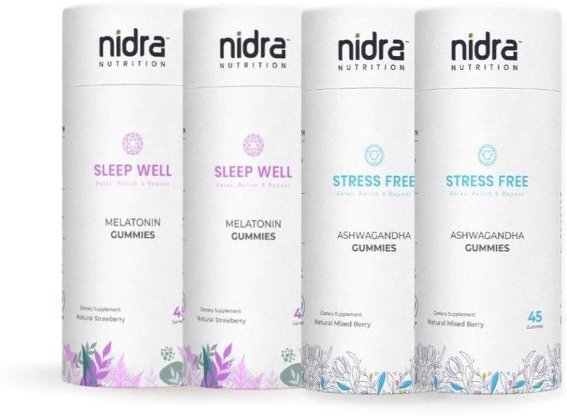 Nidra Nutrition Two 175mg Ashwagandha Stress Relief Gummies and Two 5mg Melatonin Sleep Gummies  (4 x 45 mg)