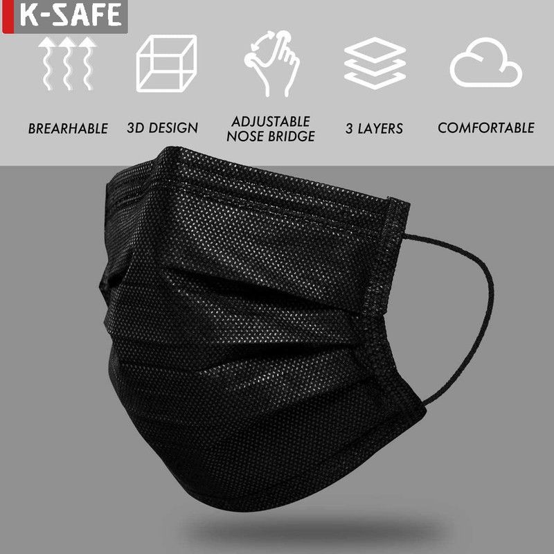 Ksafe Soft Elastic Earloop Thick & extra protective from virus certified by FDA,CE,ISO Light Weight Charcoal filter with Multi Layer Water Resistant, Non-Washable Surgical Mask With Melt Blown Fabric Layer  (Black, Free Size, Pack of 150, 3 Ply)