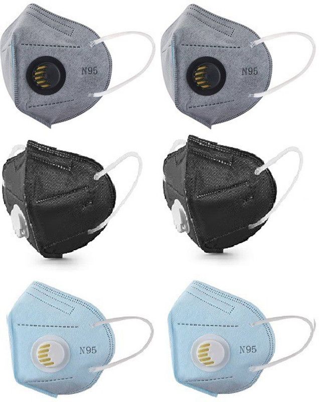 Gleam N95 with Filter Face Mask, Anti-Pollution & Anti Virus Breathable Face Mask With Melt Blown Fabric Layer ISO CE Certified filter2black2grey2bluepackof6  (Grey, Blue, Black, Free Size, Pack of 6)