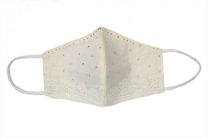V&S 3 Layers Chanderi Party and Function Wear Designer Face Mask for Women (Badla Dots with Lace) Designer Reusable Cloth Mask  (White, Free Size, Pack of 1, 3 Ply)